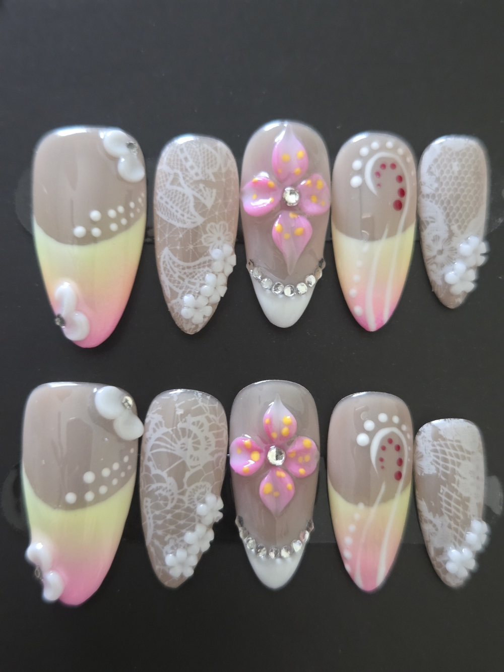 3D Floral Ombre Press-On Nails in Nude, Pink & Yellow